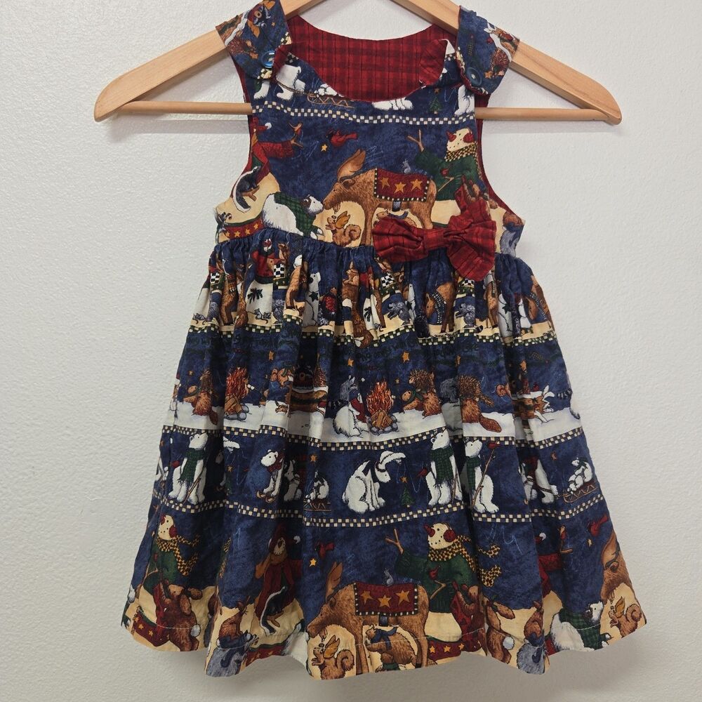 Vintage Handmade Christmas Dress Girls Winter Moose Polar Bear Snowman Pinafore